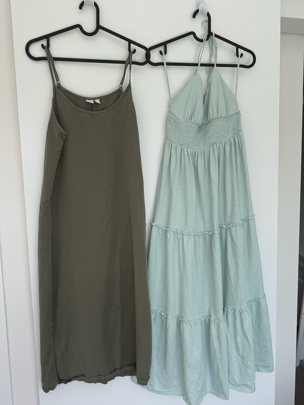 Tentree Olive Slip Dress / AE Mint Tiered Maxi Dress - size medium